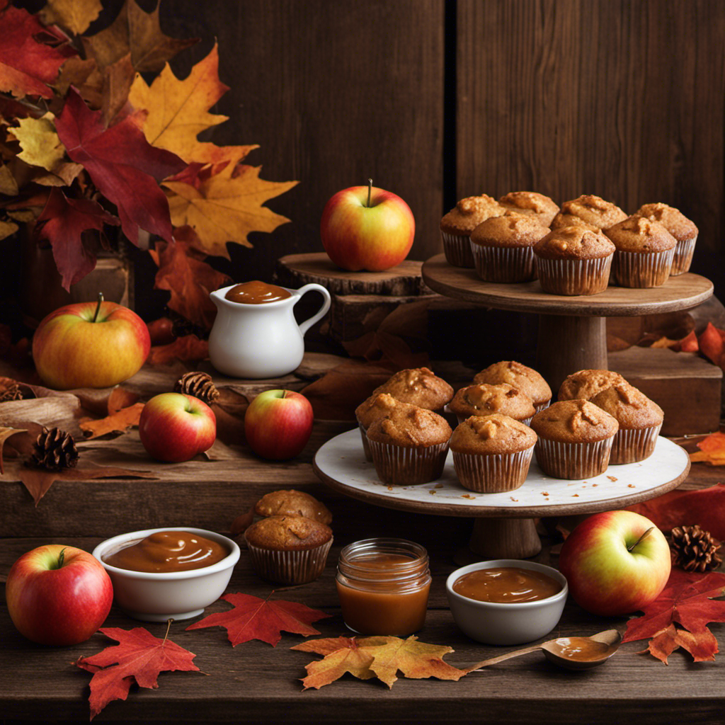 An image capturing the essence of fall, showcasing a rustic wooden table adorned with a spread of freshly baked apple butter muffins, drizzled with warm caramel sauce, surrounded by a colorful display of crisp autumn leaves
