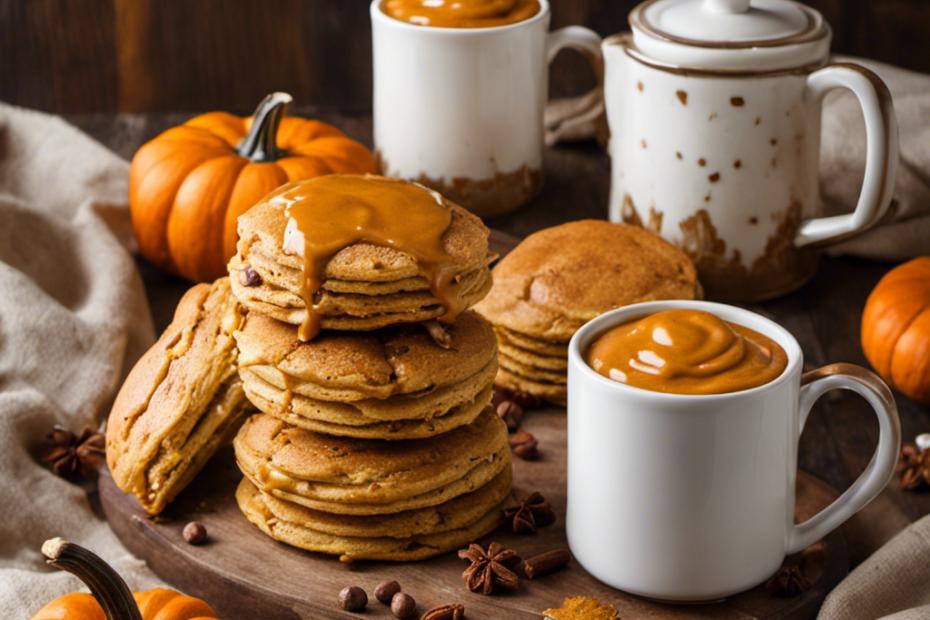 An image showcasing a rustic wooden table adorned with a spread of pumpkin butter-infused delights: warm pumpkin spice scones, fluffy pancakes drizzled with a velvety pumpkin butter glaze, and a steaming mug of spiced pumpkin latte