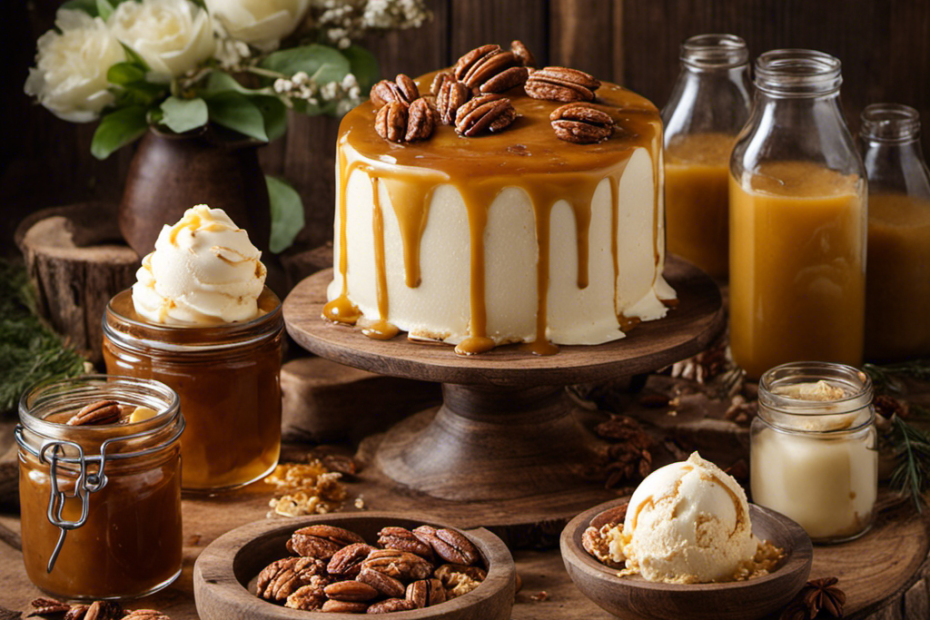 An image showcasing a rustic wooden table adorned with a variety of delectable ingredients, including luscious vanilla ice cream, roasted pecans, caramel drizzle, and a mason jar filled with tantalizing butter pecan moonshine