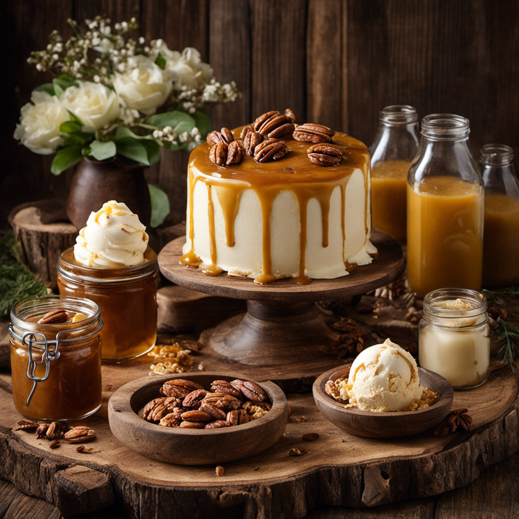 An image showcasing a rustic wooden table adorned with a variety of delectable ingredients, including luscious vanilla ice cream, roasted pecans, caramel drizzle, and a mason jar filled with tantalizing butter pecan moonshine