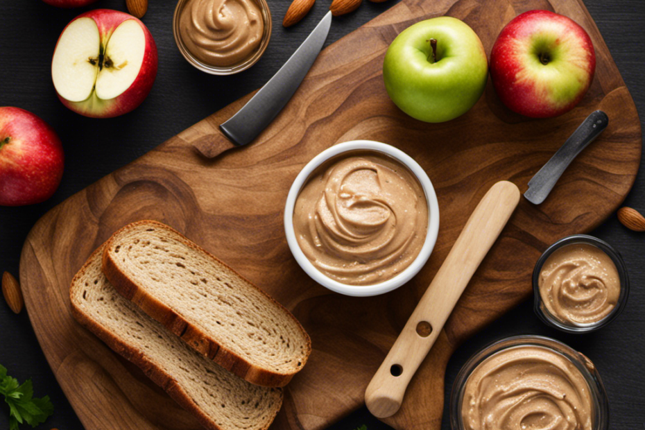 An image showcasing a rustic wooden cutting board, adorned with a generous dollop of creamy almond butter