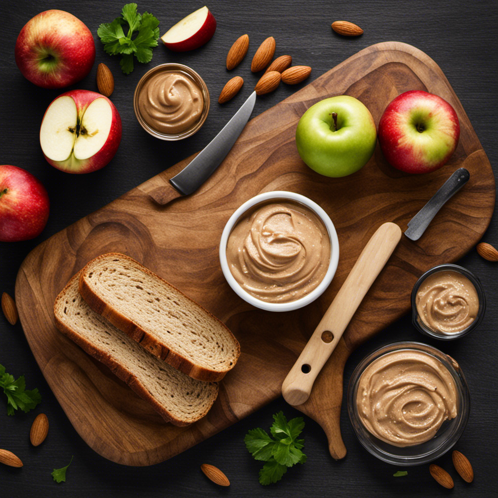 An image showcasing a rustic wooden cutting board, adorned with a generous dollop of creamy almond butter
