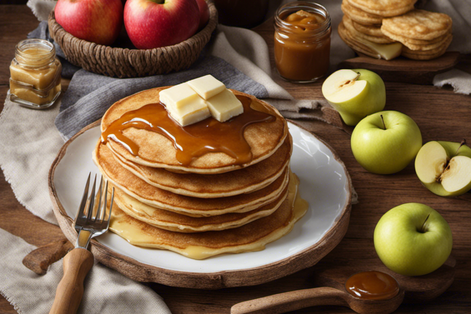 An image that showcases a rustic wooden table adorned with a stack of golden pancakes, a slice of warm apple pie, a fluffy biscuit, and a dollop of luscious apple butter, inviting readers to explore delectable pairing possibilities