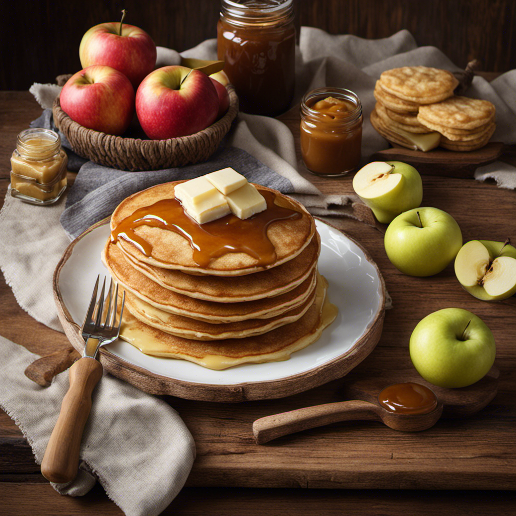 An image that showcases a rustic wooden table adorned with a stack of golden pancakes, a slice of warm apple pie, a fluffy biscuit, and a dollop of luscious apple butter, inviting readers to explore delectable pairing possibilities