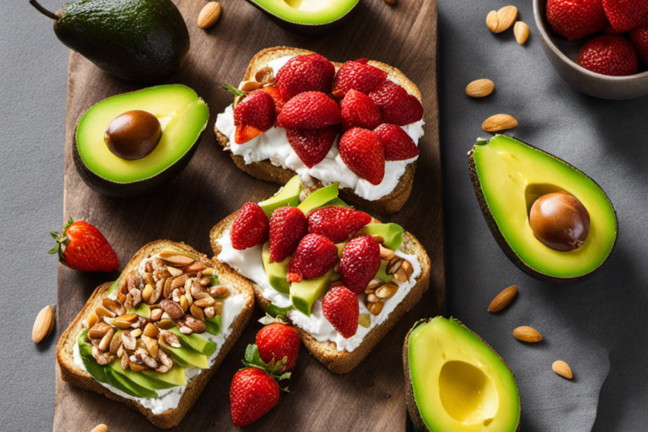 An image showcasing a slice of golden toast adorned with a mouthwatering assortment of avocado slices, luscious strawberry jam, creamy almond butter, and tangy goat cheese, inspiring readers to explore exciting alternatives to butter