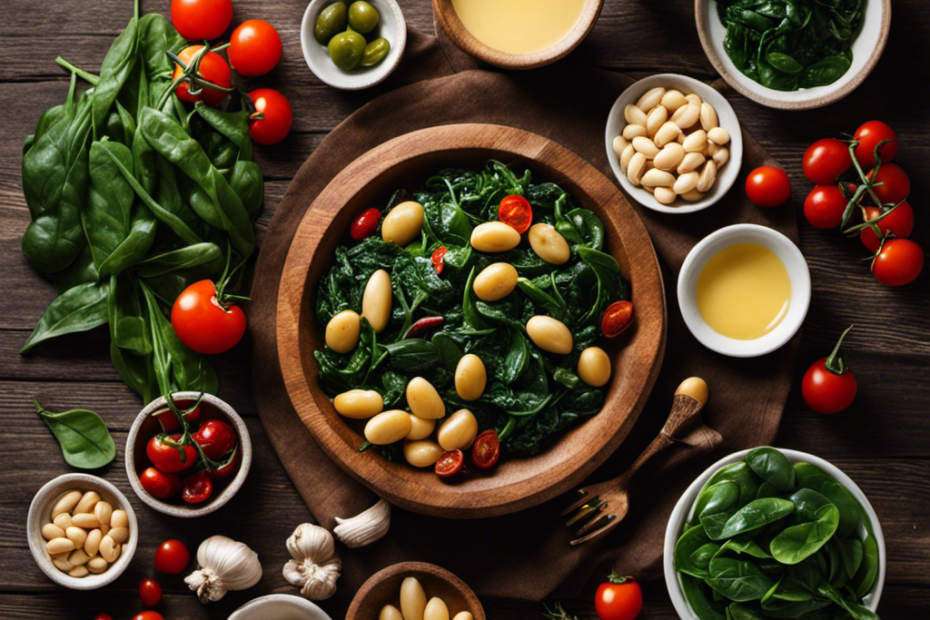 An image showcasing a rustic wooden dining table adorned with a variety of complementary foods, such as roasted garlic, sautéed spinach, juicy cherry tomatoes, and a drizzle of olive oil, perfectly paired with creamy butter beans