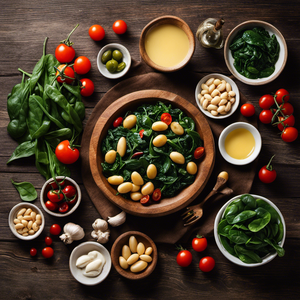 An image showcasing a rustic wooden dining table adorned with a variety of complementary foods, such as roasted garlic, sautéed spinach, juicy cherry tomatoes, and a drizzle of olive oil, perfectly paired with creamy butter beans