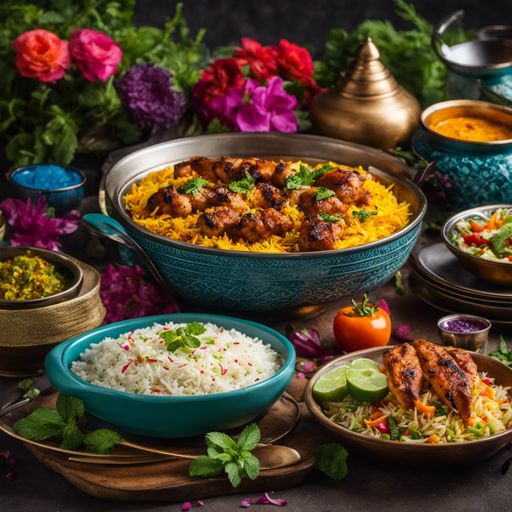 An image showcasing a vibrant dinner table adorned with steaming bowls of fragrant basmati rice, fluffy butter naans, colorful vegetable biryani, refreshing mint chutney, and a platter of succulent tandoori chicken skewers