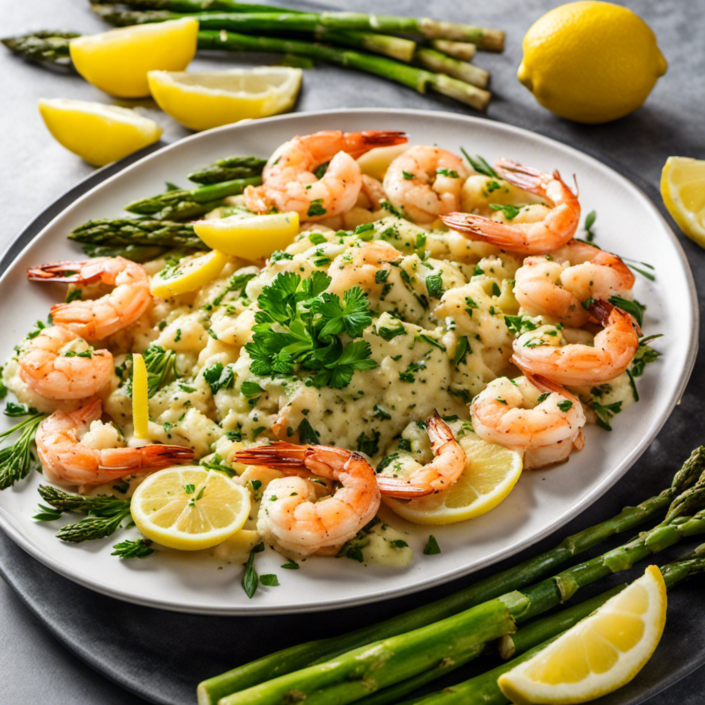 An image of a beautifully arranged platter showcasing succulent garlic butter shrimp, surrounded by vibrant lemon wedges, fresh parsley, steamed asparagus spears, and a side of creamy mashed potatoes
