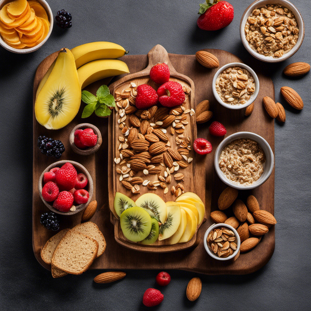 An image that showcases a wooden cutting board with a spread of creamy almond butter, surrounded by an assortment of sliced fruits, toasted bread, and crunchy granola, enticing readers to explore the versatility of almond butter
