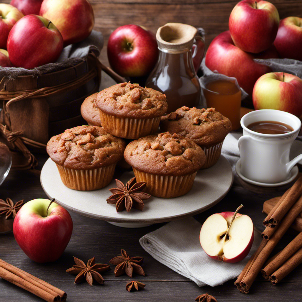 An image showcasing a cozy wooden table adorned with freshly baked cinnamon apple muffins, a jar of velvety apple butter, and a steaming cup of spiced cider, evoking the warmth and versatility of this delectable condiment