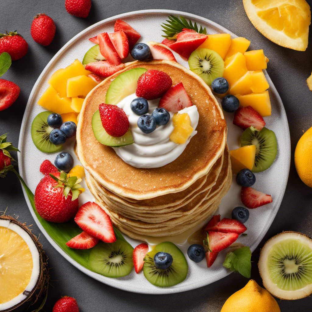 An image showcasing a wooden spoon overflowing with luscious, creamy coconut butter, drizzled delicately over a stack of golden pancakes, adorned with vibrant tropical fruits and a sprinkle of shredded coconut
