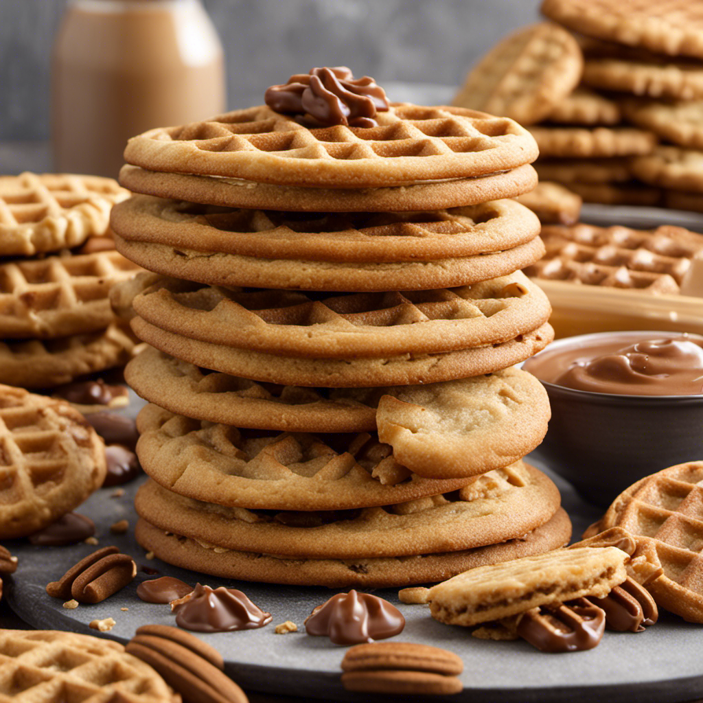 An image showcasing a stack of freshly baked, golden-brown cookies, surrounded by an assortment of delectable treats like waffles, pancakes, and toast, all generously slathered with creamy and irresistible cookie butter