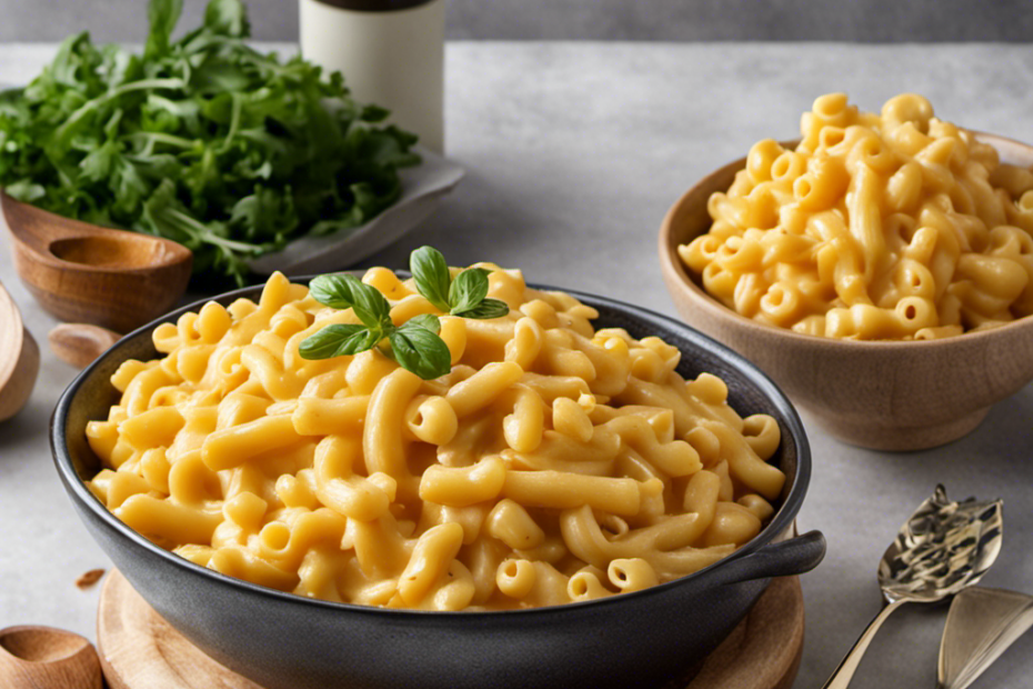 An image showcasing a creamy bowl of mac and cheese, with velvety strands of pasta coated in a luscious golden sauce
