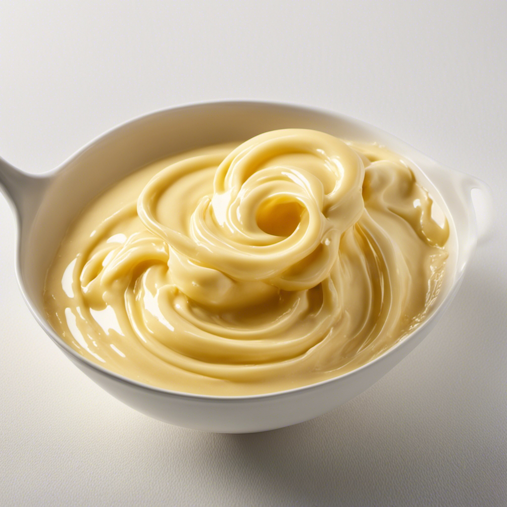 An image showcasing a close-up of a creamy, golden mixture of melted butter and its solid state counterpart, with swirls of liquid and soft, solid chunks blending seamlessly together, revealing the intriguing texture and composition of this beloved culinary concoction