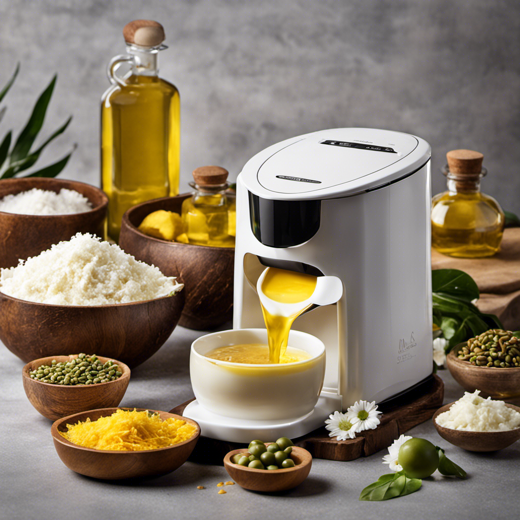 An image showcasing a diverse array of oils such as coconut, olive, and sunflower oil, elegantly pouring into the Magic Butter Maker, highlighting the versatility and options available for users