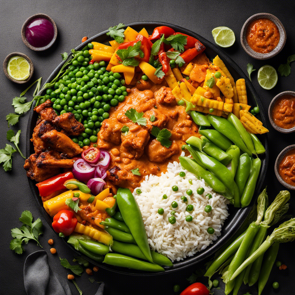 An image depicting a vibrant, mouth-watering platter: a luscious, creamy butter chicken surrounded by an assortment of colorful vegetables like crisp green peas, charred bell peppers, and tender baby corn
