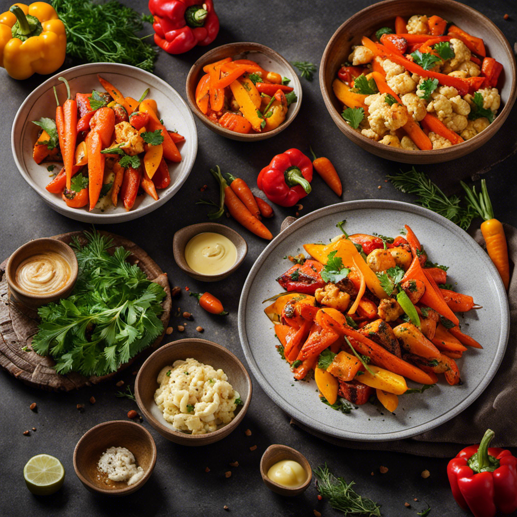 An image showcasing a plate filled with vibrant, perfectly roasted medley of carrots, bell peppers, and cauliflower, flawlessly complementing a steaming, aromatic bowl of butter chicken
