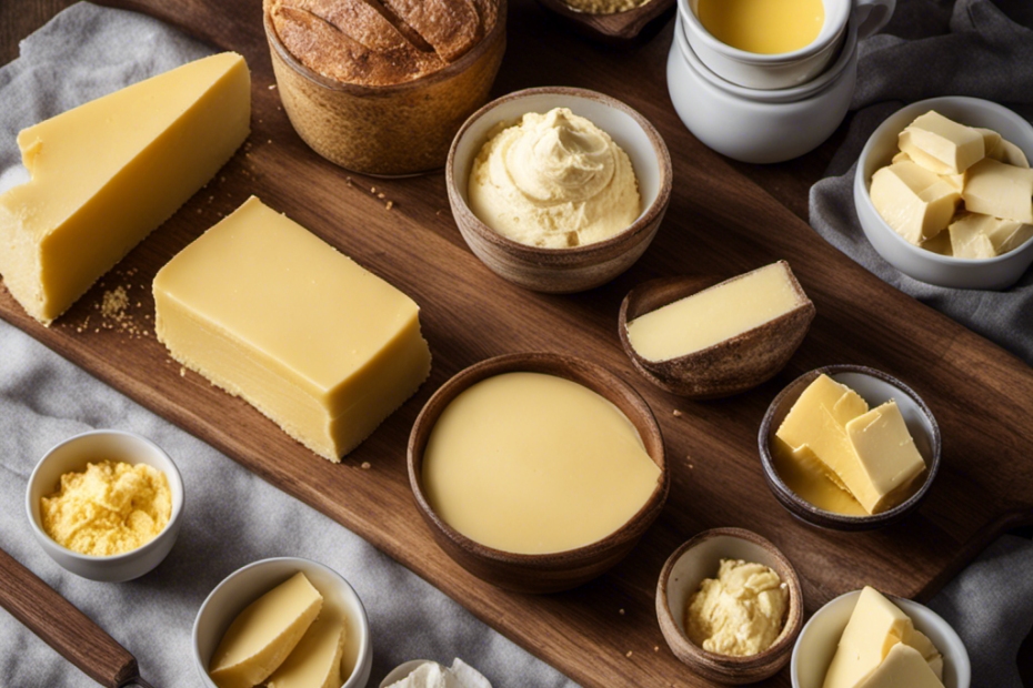An image illustrating various types of butter for baking: unsalted, salted, European, and clarified