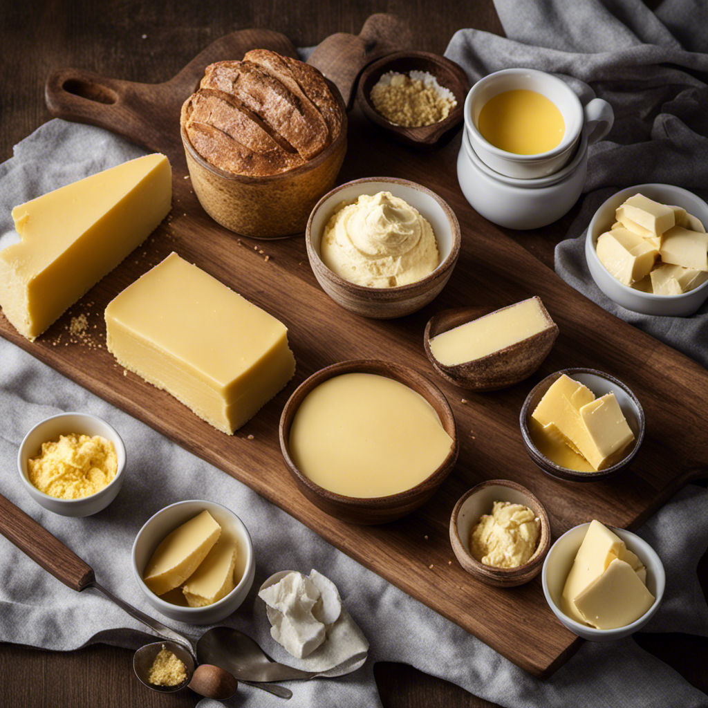 An image illustrating various types of butter for baking: unsalted, salted, European, and clarified