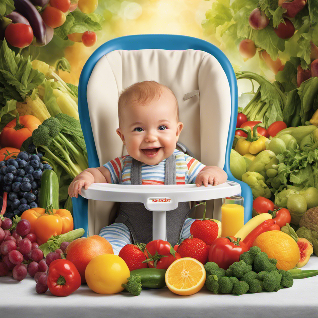 An image that depicts a smiling baby sitting in a highchair, surrounded by a colorful array of fresh fruits and vegetables, as a small dollop of creamy butter gently melts on a steaming piece of toast nearby