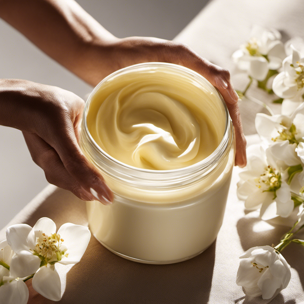 An image featuring a woman's hands gently massaging rich, creamy body butter onto her smooth, radiant skin