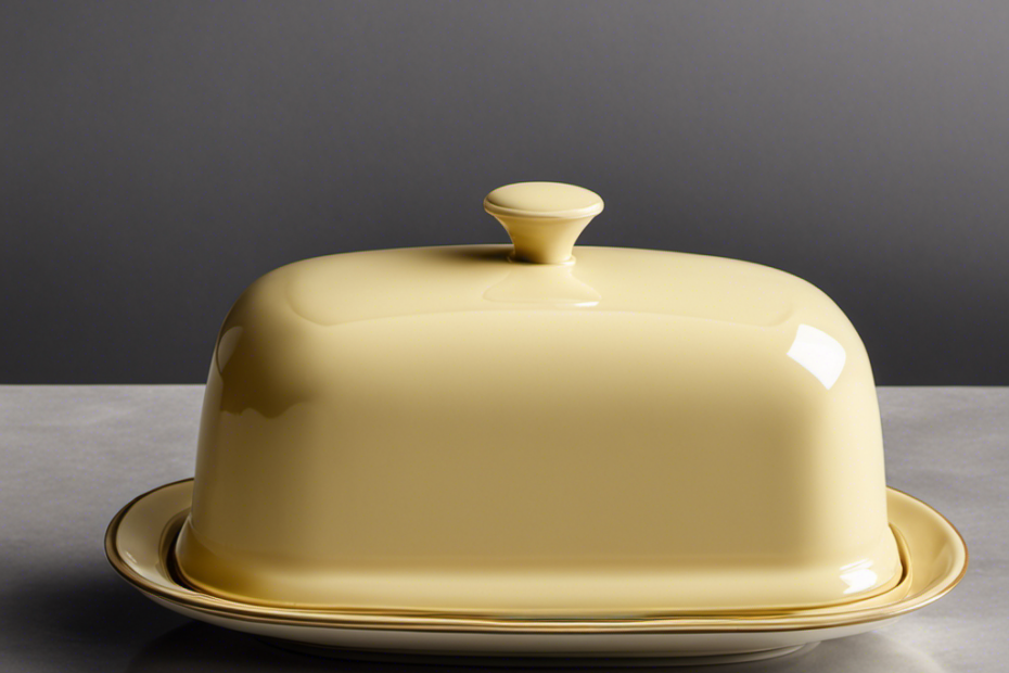 An image capturing a close-up view of a half-empty butter dish on a kitchen countertop