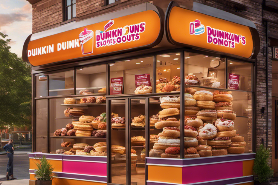 An image displaying a vibrant Dunkin' Donuts storefront adorned with a large sign showcasing the year "2023," while a mouthwatering scoop of butter pecan ice cream tantalizingly melts against a backdrop of golden pecans