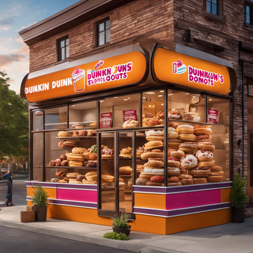 An image displaying a vibrant Dunkin' Donuts storefront adorned with a large sign showcasing the year "2023," while a mouthwatering scoop of butter pecan ice cream tantalizingly melts against a backdrop of golden pecans