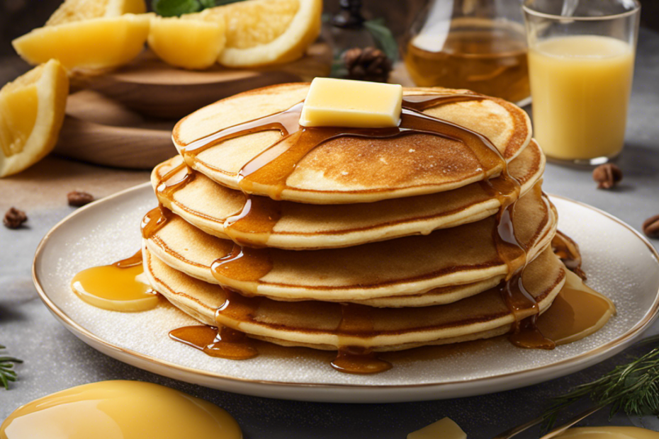 An image showcasing a plate filled with warm, golden pancakes, drenched in melted butter that cascades down the sides