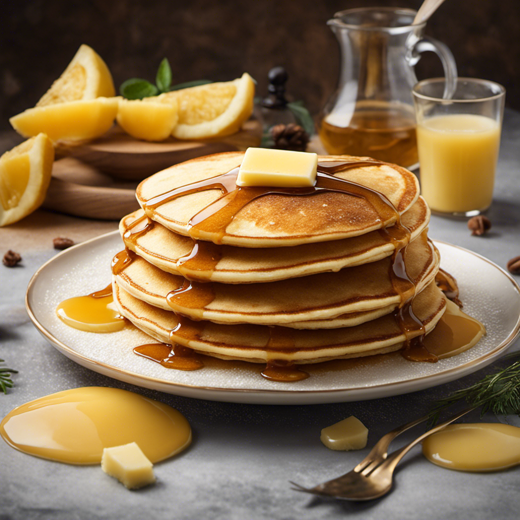 An image showcasing a plate filled with warm, golden pancakes, drenched in melted butter that cascades down the sides