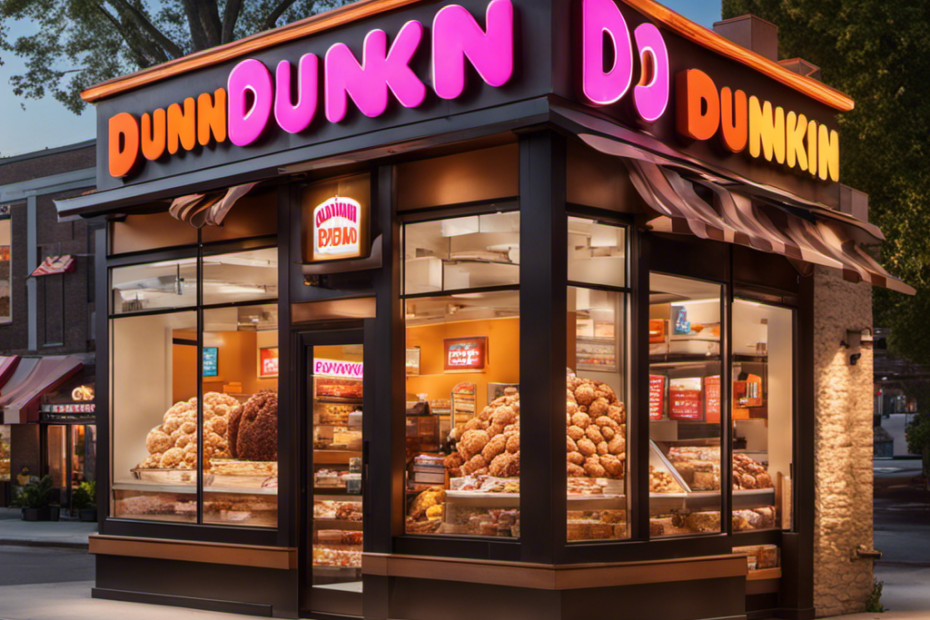An image featuring a vibrant Dunkin' storefront adorned with a large banner displaying a tempting scoop of butter pecan ice cream atop a crunchy pecan cone