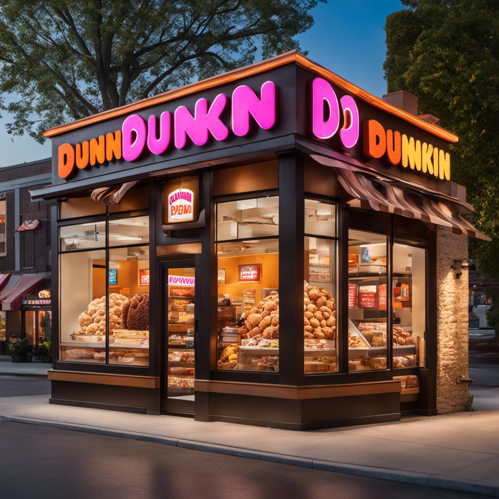 An image featuring a vibrant Dunkin' storefront adorned with a large banner displaying a tempting scoop of butter pecan ice cream atop a crunchy pecan cone