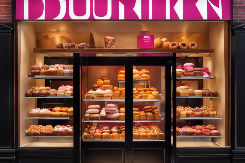 An image showcasing a vibrant Dunkin' Donuts storefront, adorned with a captivating window display featuring luscious butter pecan treats, enticing passersby with their golden-brown allure