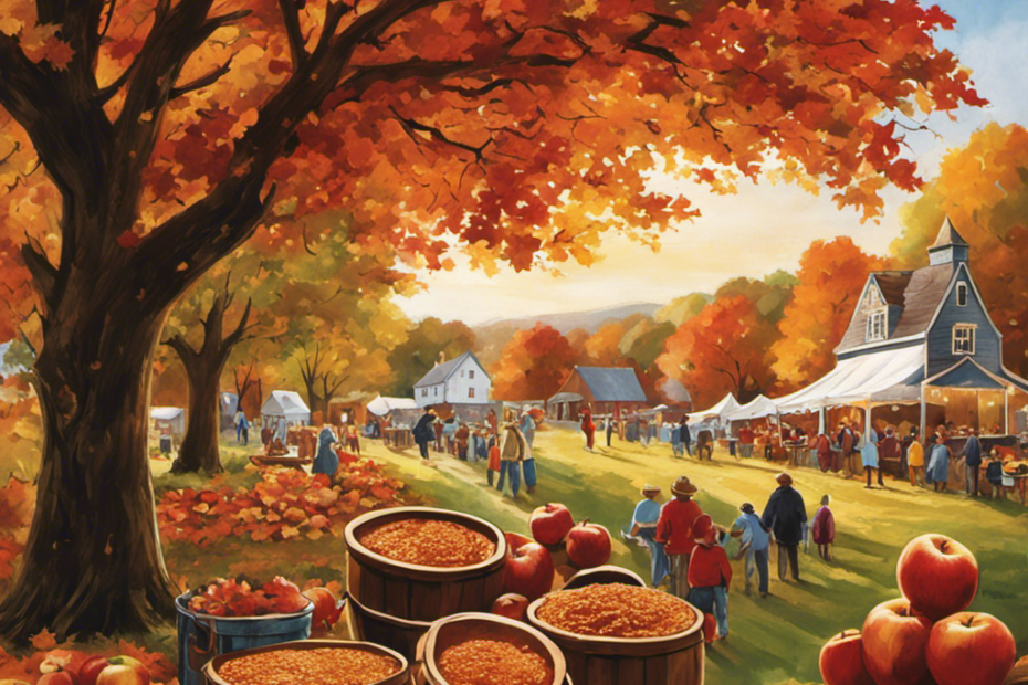An image capturing the essence of the Apple Butter Festival: vibrant autumn leaves falling gently onto a bustling village adorned with charming stalls, brimming with jars of golden apple butter, while families joyfully indulge in sweet treats and traditional festivities