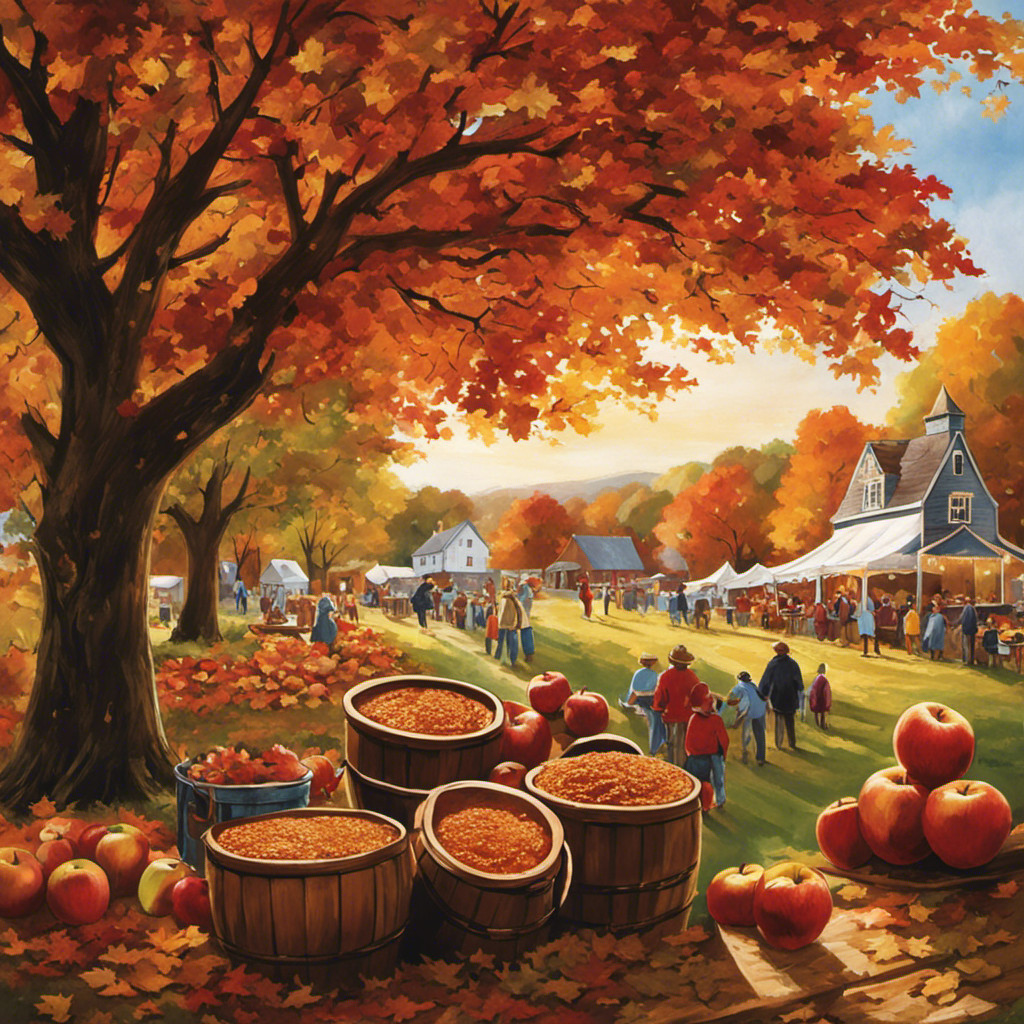 An image capturing the essence of the Apple Butter Festival: vibrant autumn leaves falling gently onto a bustling village adorned with charming stalls, brimming with jars of golden apple butter, while families joyfully indulge in sweet treats and traditional festivities