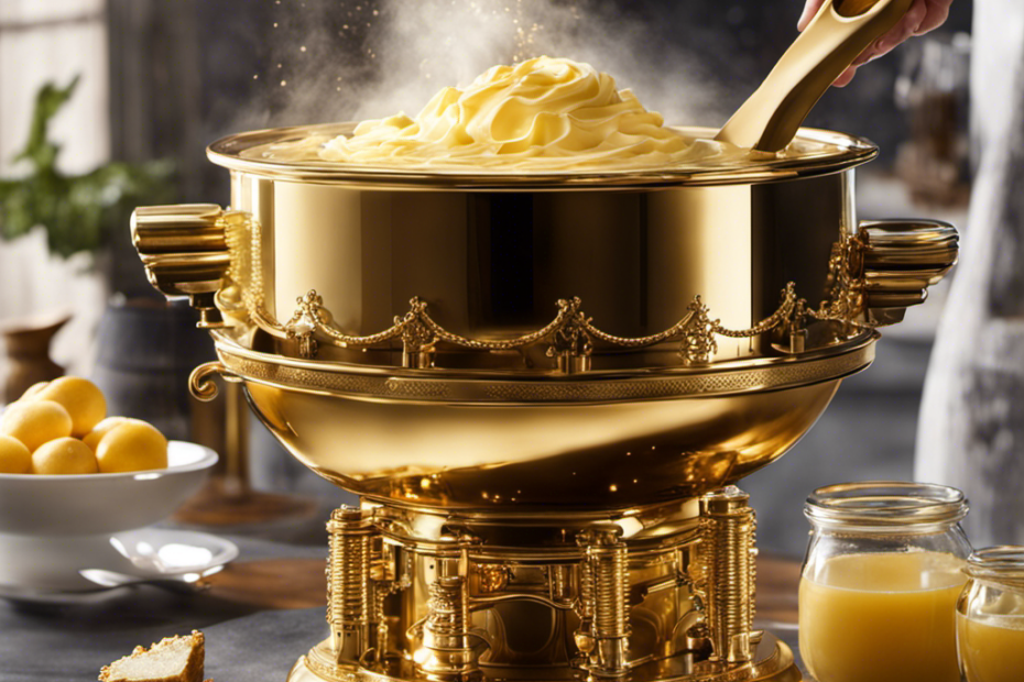 An image capturing the enchanting alchemy that transpires within my butter maker: shimmering golden liquid cascading from a cauldron-like contraption, gears and pistons whirling, while ethereal wisps of buttery aroma fill the air
