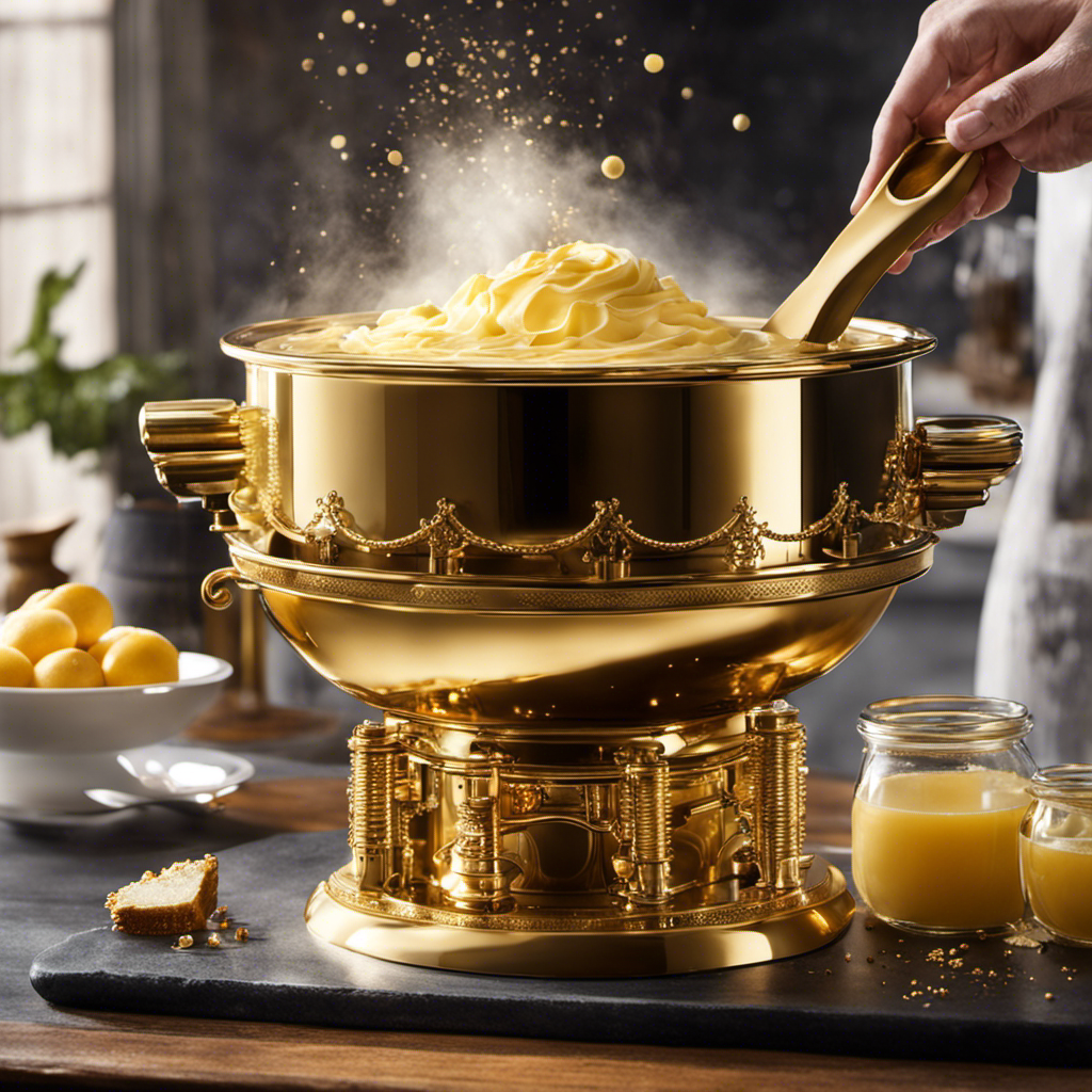 An image capturing the enchanting alchemy that transpires within my butter maker: shimmering golden liquid cascading from a cauldron-like contraption, gears and pistons whirling, while ethereal wisps of buttery aroma fill the air
