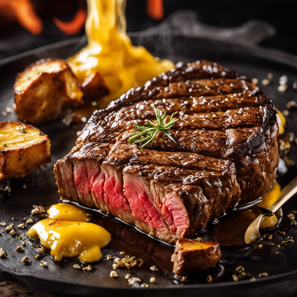 An image showcasing a sizzling, perfectly seared steak on a hot grill with a golden pat of melted butter slowly cascading down the juicy meat, capturing the moment of adding butter to elevate the steak's flavor