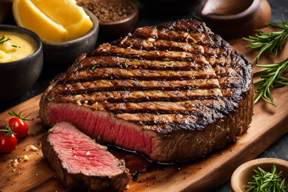 An image showcasing a sizzling steak on a grill, perfectly cooked with a golden-brown crust