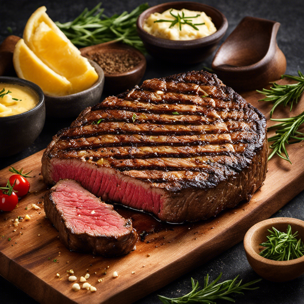 An image showcasing a sizzling steak on a grill, perfectly cooked with a golden-brown crust