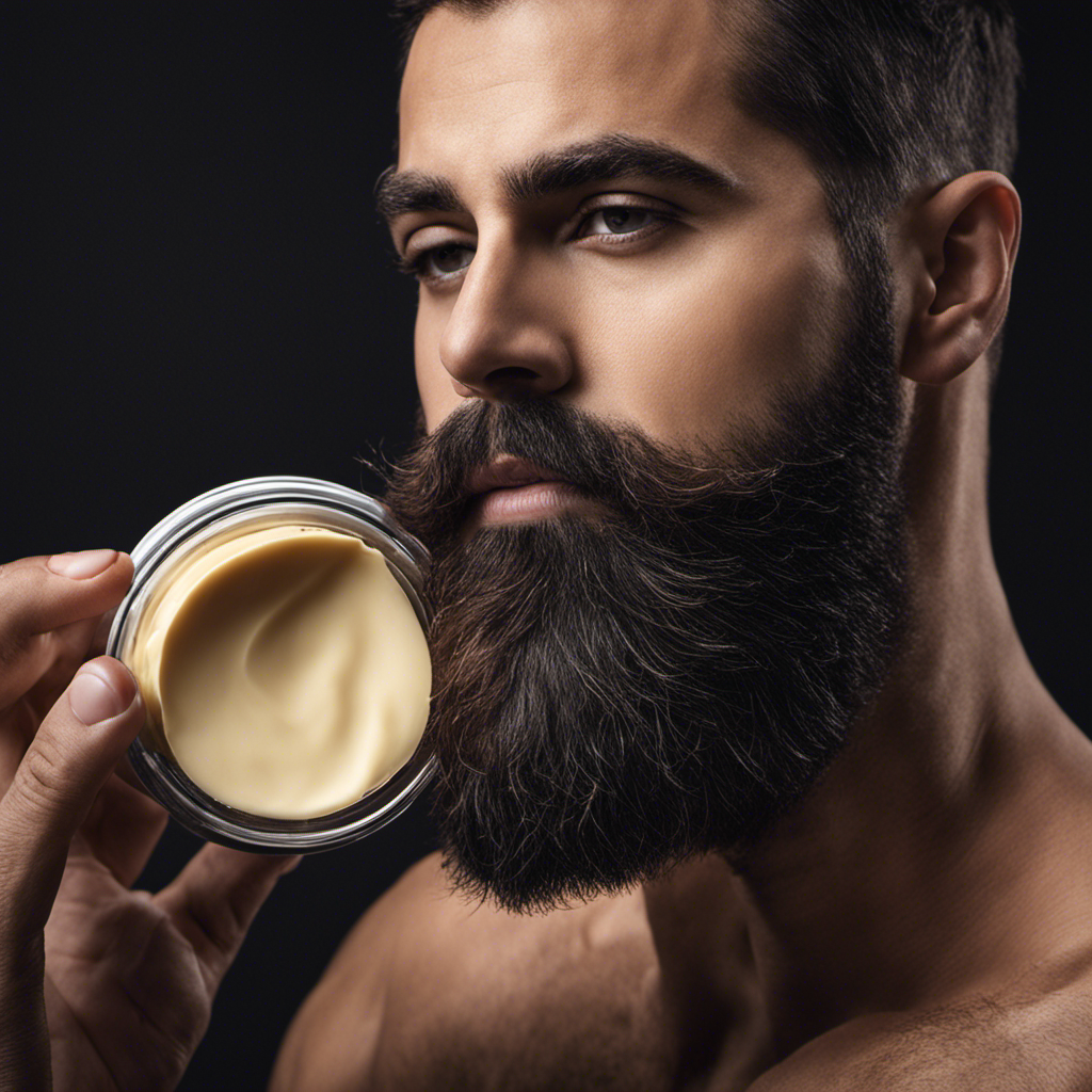 An image showcasing a well-groomed man with a thick, lustrous beard, gently massaging beard butter into his facial hair, emphasizing its nourishing and moisturizing properties