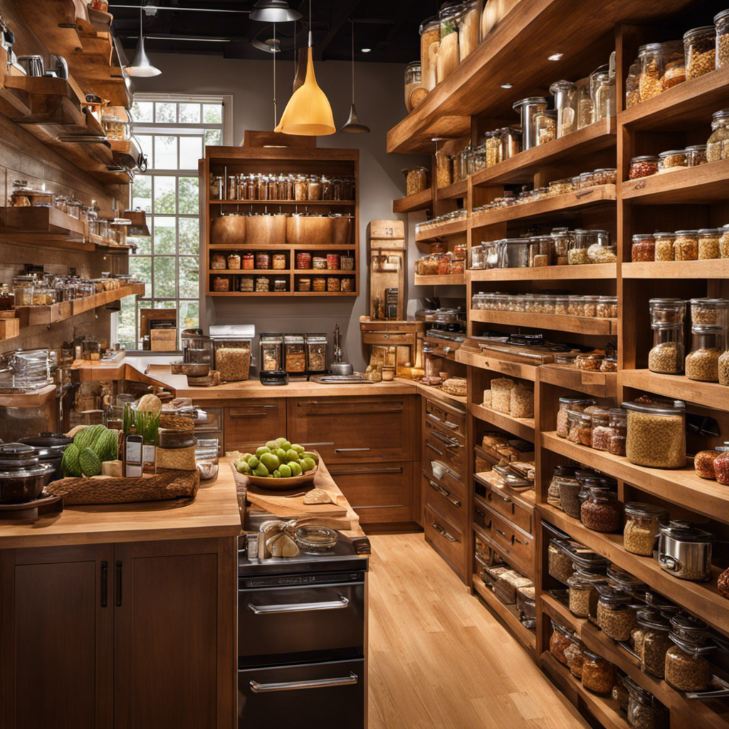 An image showcasing a vibrant and organized display of kitchen gadgets and appliances in a bustling cooking supply store