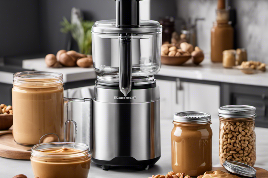 An image showcasing a bright and inviting kitchen countertop with a sleek, stainless steel peanut butter maker next to a jar of freshly made peanut butter, surrounded by a variety of nuts and jars of spreads
