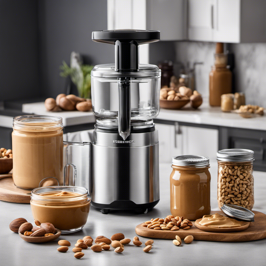 An image showcasing a bright and inviting kitchen countertop with a sleek, stainless steel peanut butter maker next to a jar of freshly made peanut butter, surrounded by a variety of nuts and jars of spreads