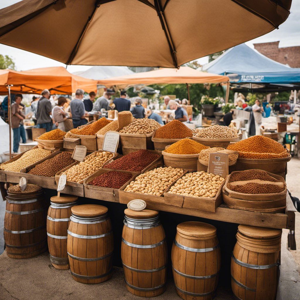 An image capturing the buzzing atmosphere of a vibrant farmers market: a quaint stall adorned with jars of locally sourced nuts, as a skilled artisan grinds freshly roasted peanuts into creamy, aromatic peanut butter