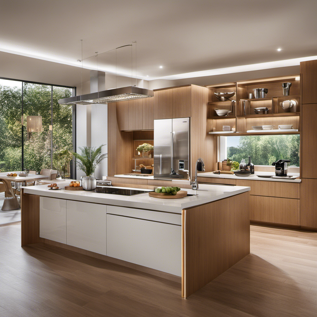 An image showcasing a well-lit, spacious kitchen with shelves adorned with various kitchen equipment supplies