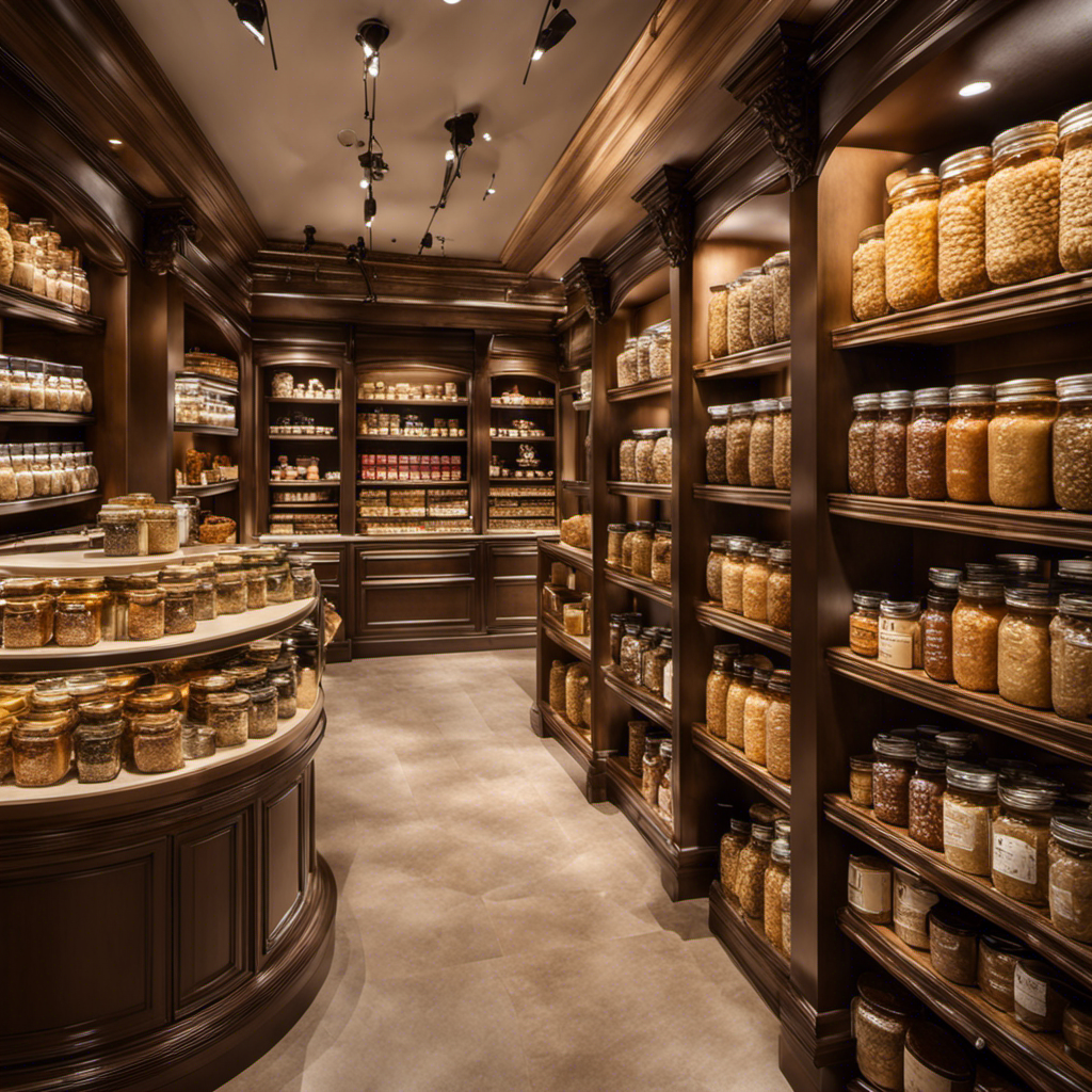 An image capturing the opulent interior of a gourmet food store, showcasing shelves adorned with exquisite jars of freshly ground nut butters, enticing customers to indulge in the ultimate luxury of a peanut butter maker