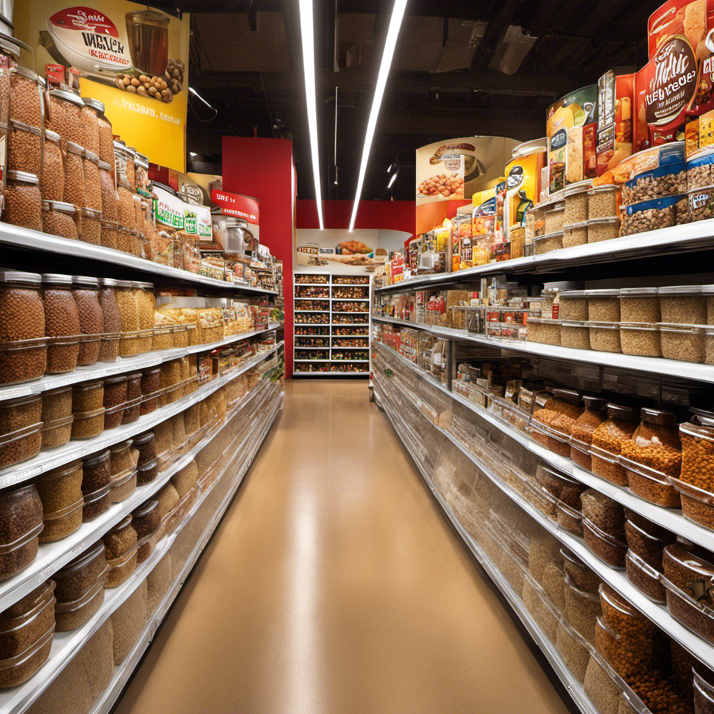An image showcasing a well-stocked bulk food store aisle, brimming with neatly arranged containers of various nuts, including a prominent display of peanut butter makers, enticingly positioned among other kitchen gadgets and appliances