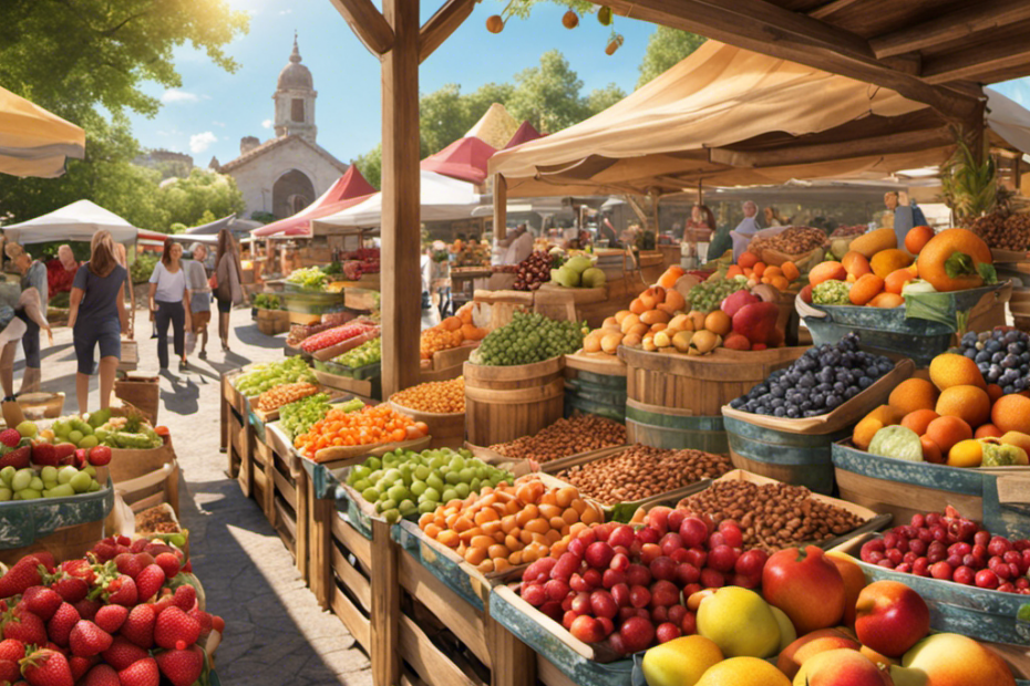 An image featuring a bustling farmers market with wooden stalls adorned with jars of creamy almond butter, surrounded by vibrant fruits, nuts, and organic produce, enticing visitors with their fresh and wholesome appeal